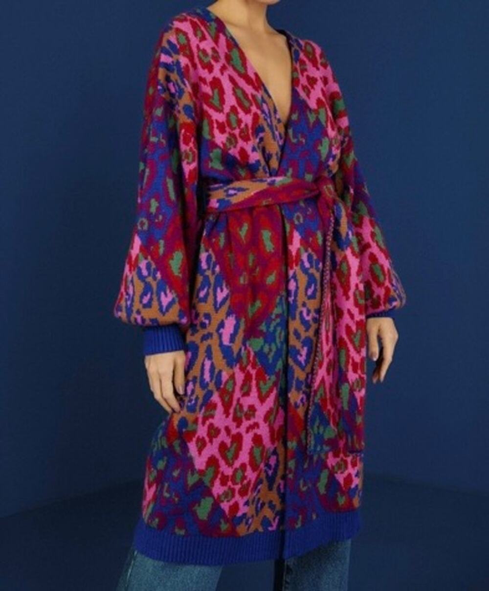 NWT FARM Rio Rainbow Midnight Leopard Cardigan Pink/Blue/Red Sz XL MISSING BELT